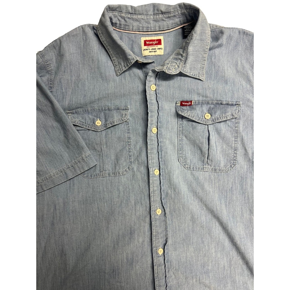 Wrangler Mens Blue Denim Chambray Short Sleeve Button Down Shirt Large Utility